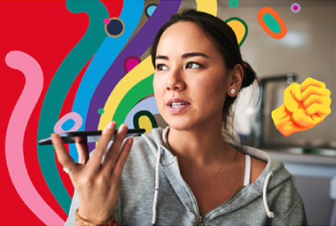 Young woman talking on speaker phone from her mobile device